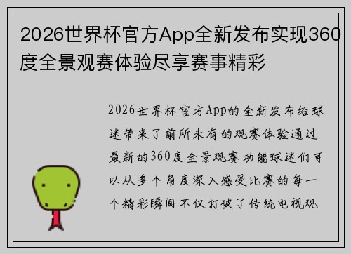 2026世界杯官方App全新发布实现360度全景观赛体验尽享赛事精彩
