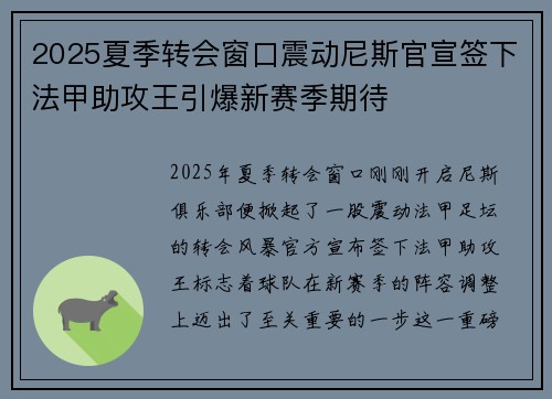 2025夏季转会窗口震动尼斯官宣签下法甲助攻王引爆新赛季期待